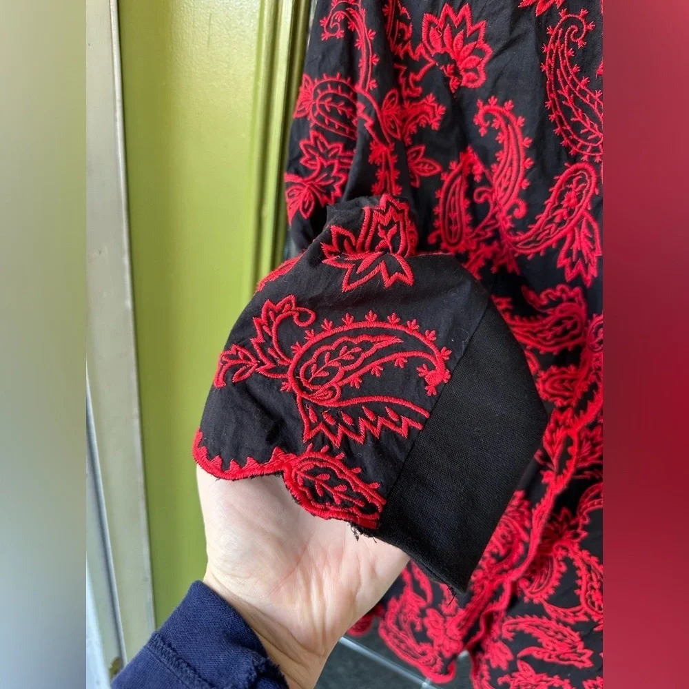 Chico’s Jacket Sz 1 Black Red Embroidered Floral gold Beads 3/4 length sleeves